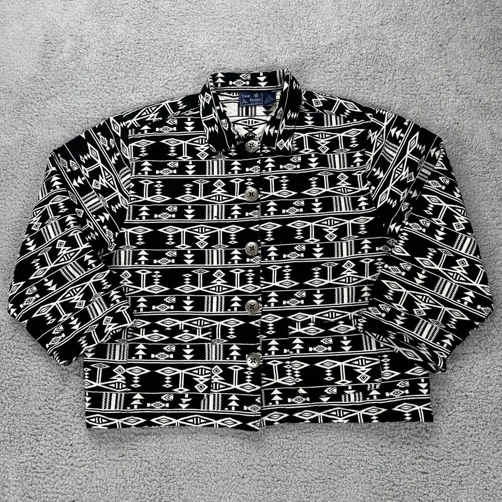 Jane Ashley Womens Jacket Coat Black Aztec Southwest Pocket 100% Cotton Size XL